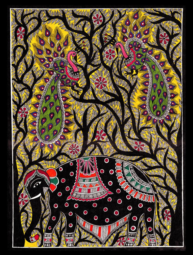 Original Madhubani Painting, Elephant and Peacocks : Indian Folk Art ...
