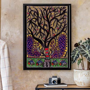 Madhubani Art: Pfauen unter dem Banyan Baum des Lebens