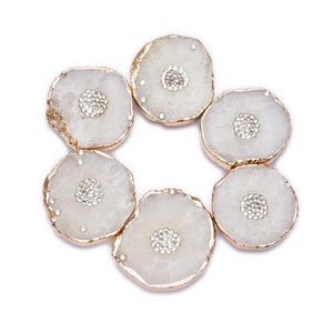 White Agate Stone Phone Grip: Druzy Quartz Crystal with Gold Trim