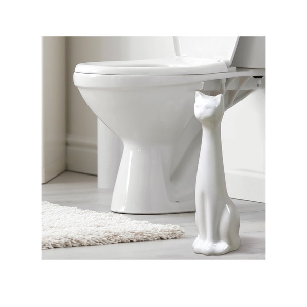 White Cat 2-Piece Ceramic Toilet Brush Holder with White Plastic Handled Scrub Brush, 6.75” x 5.25” x 18.5"