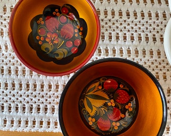 Hand-Painted Khokhloma Bowls - Traditional Russian Lacquer Art, Set of 2