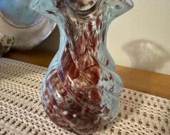 Hand-Blown Art Glass Vase | Ruffled Edge Vintage Style | Murano-Inspired Swirl Design in Clear, Burgundy & White | Unique Home Decor Gift