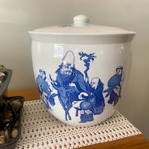 Large Vintage Chinese Blue and White Porcelain Ginger Jar with Immortal Figures - Traditional Lidded Ceramic Jar - Ming Dynasty Style Decor
