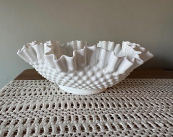 Vintage Fenton Hobnail Milk Glass Ruffled Edge Bowl (Free Shipping in the US)