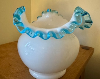 Fenton White Milk Glass Vase with Aqua Blue Ruffled Edge  – Vintage Crimped Art Glass – Collector’s Mid-Century Fenton Vase