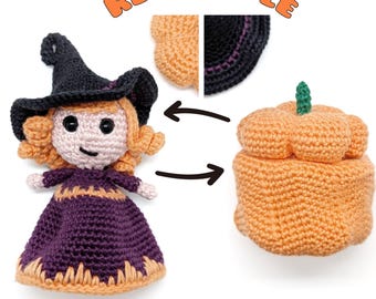 May include: A reversible crochet doll, transforming from a witch to a pumpkin. The witch has a black hat, purple dress, and orange hair. The pumpkin is orange with a green stem. The word "REVERSIBLE" is in orange text.