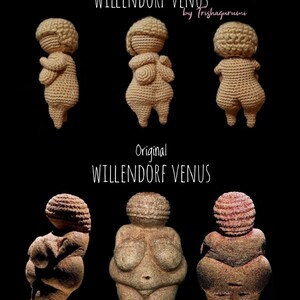 May include: Crocheted and original stone sculptures of the Willendorf Venus, a prehistoric figurine. The crocheted version is beige and the original is brown.