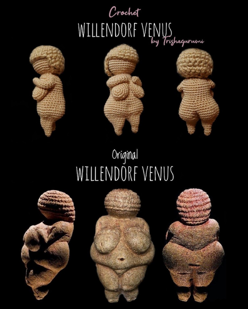 May include: Crocheted and original stone sculptures of the Willendorf Venus, a prehistoric figurine. The crocheted version is beige and the original is brown.