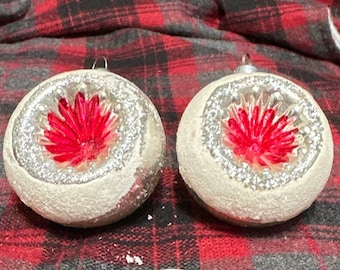 Vintage MCM West Germany - Mercury Glass Christmas Ornaments - Set of Two - Silver White and Red - Flocked - Indent - Small Ornament