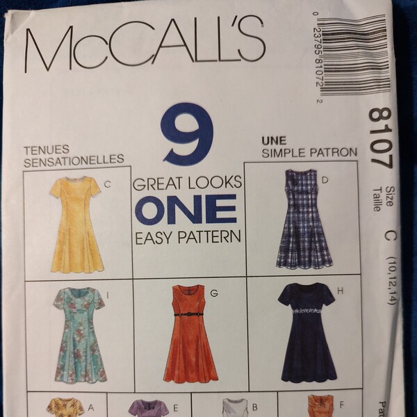Vintage McCalls 8107 Size 10, 12, 14 Misses Dress in Two Lengths - Pattern Uncut - Factory Folded - 9 Patterns  - Pull Over Dress