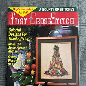 Just Cross Stitch October 1992 - Tenth Anniversary - Harvest - Fruit - Mayflower - Afhgan - Wreath - Fall - Autumn - Leaves - Fox - Pheasant