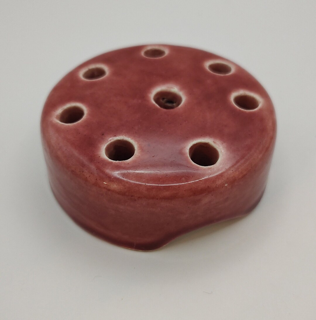 VINTAGE Weller Flower Frog Stoneware 8 Hole Dark Pink Glossy