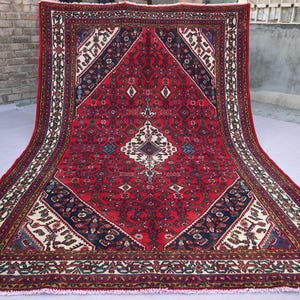 Afghan Geometric Vintage Area Rug, 7 x 10 ft Oriental Caucasian Rug, Hand Knotted Wool Red Rug, Turkmen Tribal Rug, Living Room, Bedroom Rug