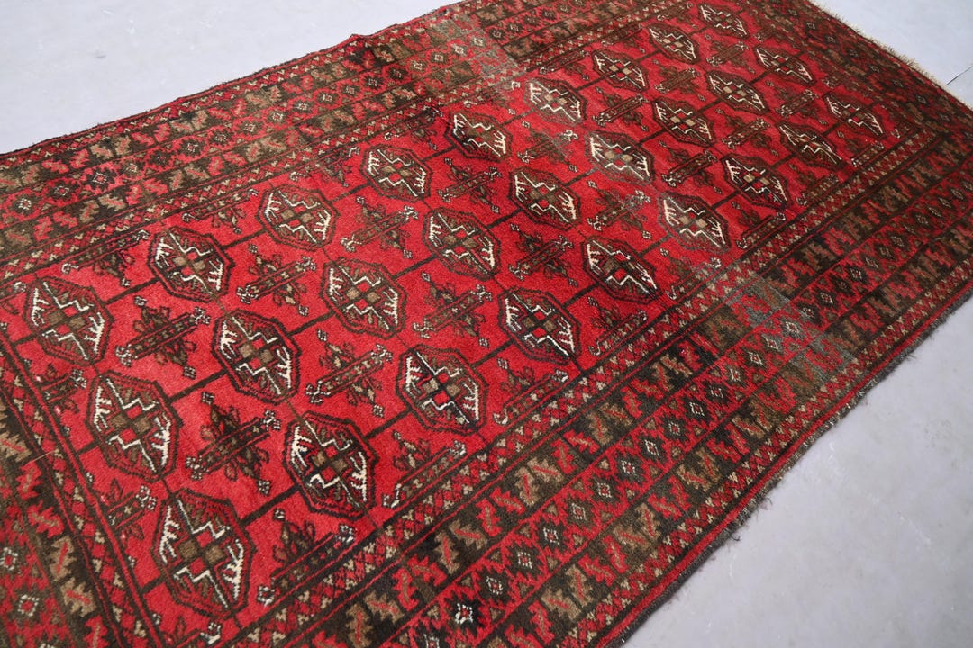 Red Vintage Turkmen Mowri Bukhara Rug, 3.9 X 6.9 Ft Handmade Wool ...