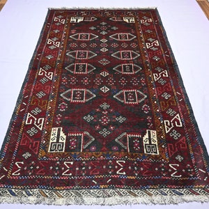 4x6 ft Afghan Vintage Rug- Hand Knotted Wool Black Rug- 3.8x6.2 ft Oriental Baluchi Rug- Turkmen Tribal Area Rug- Living Room, Bedroom Rug