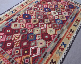 Afghan Herati Kilim Rug, Handmade Wool Flatweave Tribal Rug, 6'3 x 9'8 ft