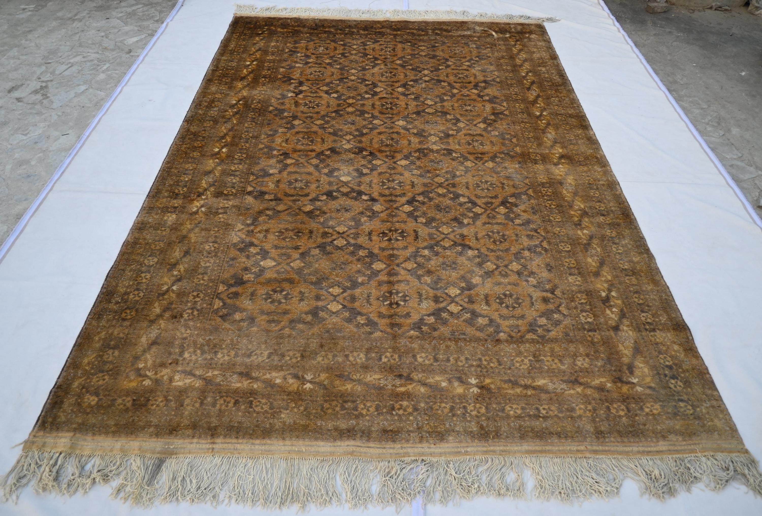 1950s Antique Silk Rug, 7 x 10 ft Geometric design Silk Rug, Afghan Handmade Silk Area Rug, Faded Distressed Rug, Living Room & Bedroom Rug