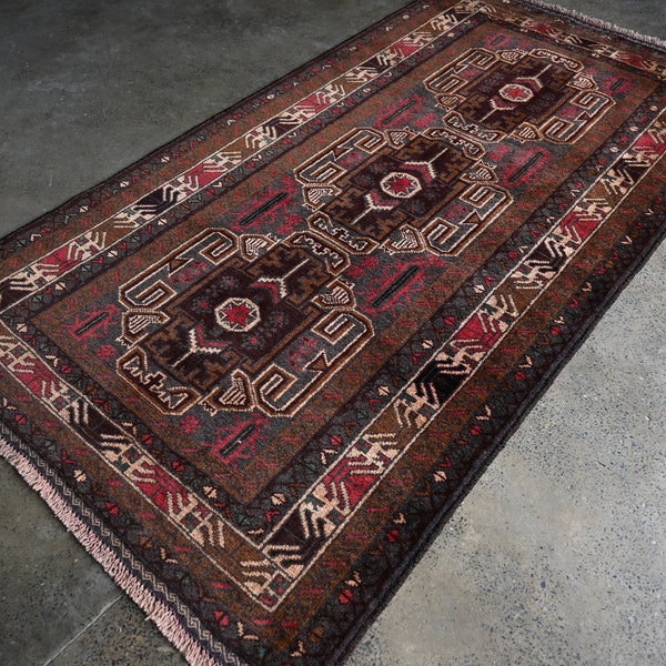 2.10x5.0 ft Antique Baluchi Rug- Afghan Hand Knotted Old Wool Area Rug- Oriental Faded Rug- Turkmen Tribal Rug- Living Room, Bedroom Rug 3x5