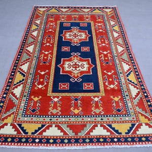 4x6 ft Geometric Kazak Rug, Natural Dyes Wool Rug, Handmade High Quality Afghan Rug, Attractive Rug, Turkmen Rug, Living Room & Kitchen Rug