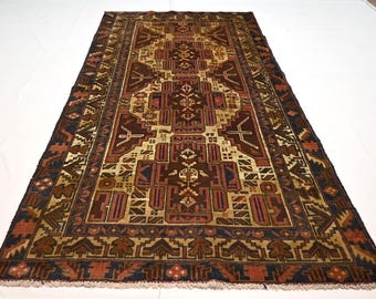 Antique Tribal Rug, 3&#39;5 x 6&#39;7 ft Oriental Baluchi Rug, Afghan Handmade Wool Rug, Faded Distressed Rug, Turkmen Ethnic Rug-Home Decor Rug 4x7
