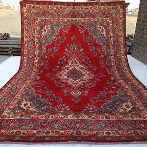 Vintage Afghan Caucasian Area Rug, 7x10 ft Hand Knotted Wool Red Rug, Collectors Piece Rug, Turkmen Ethnic Rug, Dining Table, Bedroom Carpet