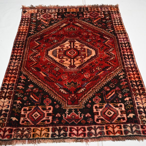 Antique Caucasian Rug- 3.8x4.9 ft Turkmen Caucasian Design Rug- Hand Knotted Wool Red Rug- High Pile Rug- Afghan Area Rug-Bedroom Carpet 4x5