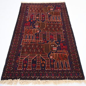 Pictorial Art Rug- 2.10x4.7 ft Afghan Antique Baluchi Rug- Handmade Wool Navy Blue Rug- Turkmen Tribal Rug- Dog Pictorial Rug- Kids Room Rug