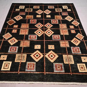 Oriental Vintage Gabbeh Rug, 5&#39;8 x 7&#39;1 ft Afghan Handmade Wool Black Rug, Collectors Piece Rug, Turkmen Tribal Rug, Home Decoration Rug 6x7