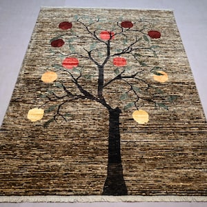 Afghan Geometric Gabbeh Rug, 5x7 ft Hand Knotted Natural Dyes Wool Area Rug, Tree Of Life Rug, Oriental Turkmen Rug, Living Room, Office Rug