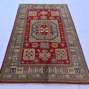 4 x 6 ft Oriental Afghan Geometric Kazak design Rug, Handmade Natural Dyes Wool Rug, Attractive Turkmen Tribal Rug, Living Room, Kitchen Rug