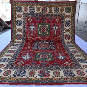 7x10 ft Geometric Afghan Kazak Rug, Handmade Natural Dyes Wool Red Rug, High Quality Attractive Rug, Turkmen Rug, Living Room & Bedroom Rug