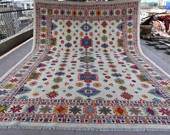 Hand-Knotted Wool Kazak Rug – 10x14 ft, Beige Afghan Geometric Design