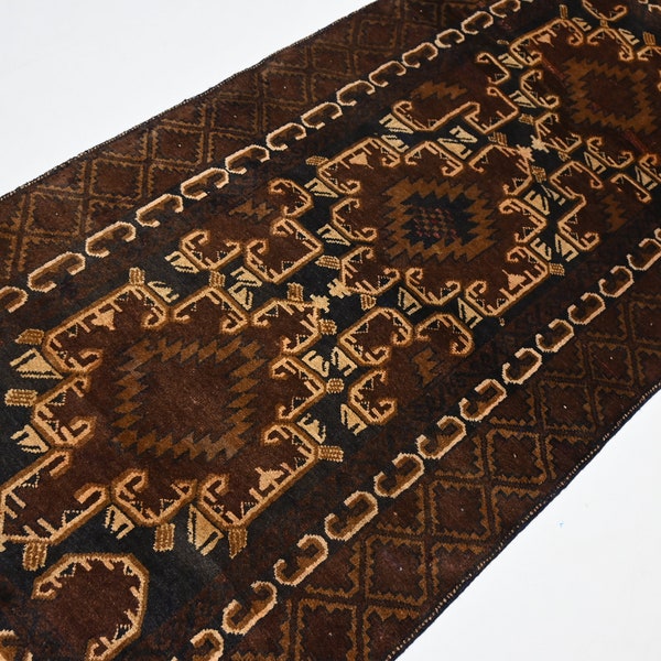 3x6 Vintage Rug- Afghan Hand Spun Old Wool Black Rug- 2.10x6.5 ft Antique Baluchi Rug- Oriental Ethnic Rug- Turkmen Tribal Rug- Bedroom Rug