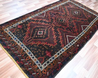 1940s Antique Faded Rug, 4.0 x 6.11 ft Afghan Baluchi Rug- Handmade Vintage Wool Black Rug- Oriental Turkmen Rug-Home Decor, Kitchen Rug 4x7