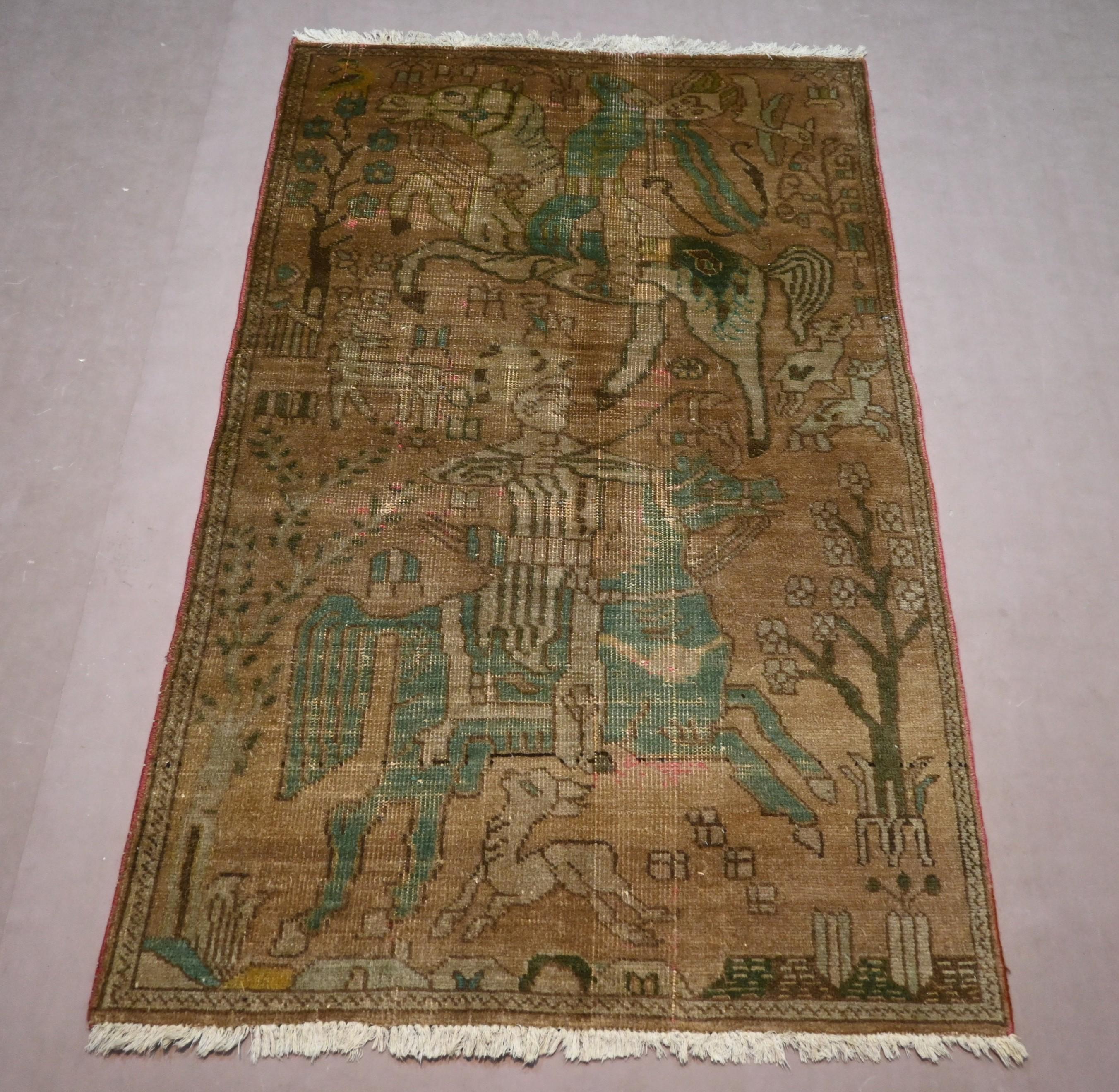 Animal Hunting Antique Pictorial Rug, 3x5 ft Hand Knotted Wool Area Rug, Faded Afghan Vintage Rug, Home Decoration Rug, Oriental Ethnic Rug