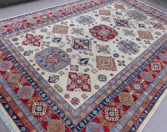 10 x 14 ft Ethnic Afghan Geometric Kazak Rug, Hand Knotted Wool Beige Rug, Attractive Large Rug, Turkmen Rug, Living Room & Dining Table Rug