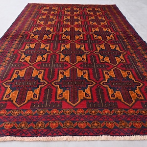 Antique Tribal Afghan Area Rug, 3&#39;7 x 6&#39;0 ft Oriental Baluchi Rug, Handmade Wool Red Rug, Turkmen Tribal Rug, Living Room, Kids Room Rug 4x6