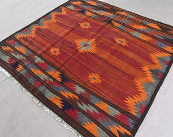 Vintage Afghan Kilim Rug, Hand-Knotted Wool, Tribal Decor, 5x5 ft