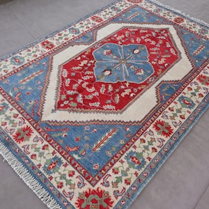 Geometric Afghan Rug - 4x6 ft Oriental Kazak Rug - Handmade Veg Dyes Wool Area Rug - Turkmen Tribal Rug- Living Room, Kids Room, Kitchen Rug