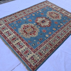 4 x 6 ft Handmade Afghan Geometric Kazak Rug, Natural Dyes Wool Blue Rug, Collectors Piece Rug, Oriental Turkmen Rug, Kitchen, Kids Room Rug