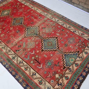 Red Vintage Caucasian Area Rug, 5x9 ft Afghan Handmade Wool Rug, 1950s Antique Traditional Rug, Turkmen Tribal Rug, Living Room, Bedroom Rug
