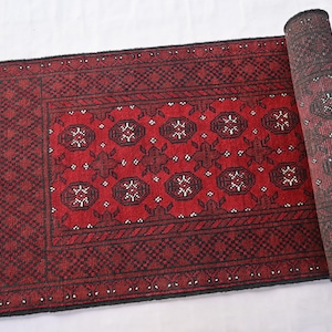 Red Antique Runner Rug- 3x10 ft Turkmen Mowri Gull Bukhara Runner Rug- Hand Knotted Soft Wool Rug- Traditional Afghan Rug-Hallway Runner Rug