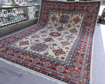 10x14 ft Hand Knotted Afghan Kazak Rug – Beige Geometric Wool Rug