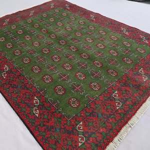 5x7 ft Handmade Soft Wool Green Rug- 5&#39;0 x 6&#39;5 ft Turkmen Mowri Gull Bukhara Rug- Afghan Vintage Rug- Rustic Decor Rug- Bedroom, Office Rug