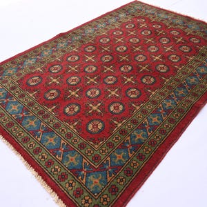 Hand Knotted Afghan Vintage Red Rug, 4 x 6 ft Turkmen Mowri Bokhara Rug, Handmade Wool Area Rug, Tribal Ethnic Rug, Living Room, Kitchen Rug