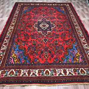 6&#39;8 x 9&#39;8 ft Oriental Vintage Floral Caucasian Rug, Afghan Handmade Wool Red Rug, Attractive Rug, Turkmen Rug, Living Room, Bedroom Rug 7x10