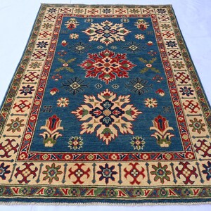 4x6 ft Blue Afghan Geometric Kazak design Rug, Hand Knotted Natural Veg Dyes Wool Rug, Oriental Turkmen Rug, Kids Room, Kitchen, Office Rug