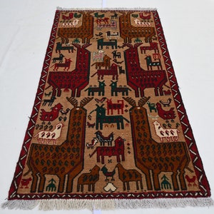Afghan Pictorial Rug- 2.8x4.11 ft Antique Oriental Baluchi Rug- Handmade Wool Area Rug- Turkmen Tribal Rug- Kids Room Rug- Bohemian Rug 3x5