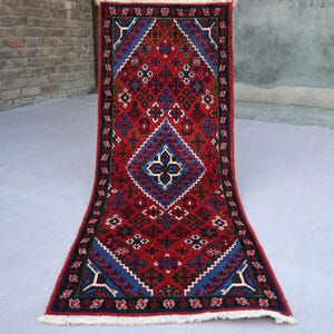 2x5 ft Red Vintage Biljik Caucasian Runner Rug, Hand Knotted Afghan Wool Rug, Cute Runner Rug, Turkmen Small Runner, Entryway Kitchen Runner