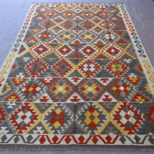 6&#39;5 x 9&#39;9 ft Afghan Geometric Maimana Kilim Rug, Hand Knotted Veg Dyes Wool Rug, Flatweave Ethnic Rug, Turkmen Tribal Rug, Living Room Decor